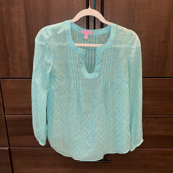 Lily Pulitzer Aqua and Gold Blouse XS - Picture 1 of 12